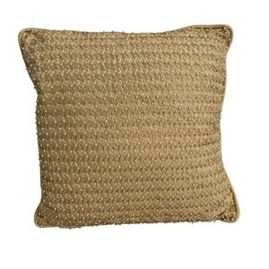 Gold Beaded Chevron Silk Throw Pillow Faux Pearl Embroidered Square Accent 16in